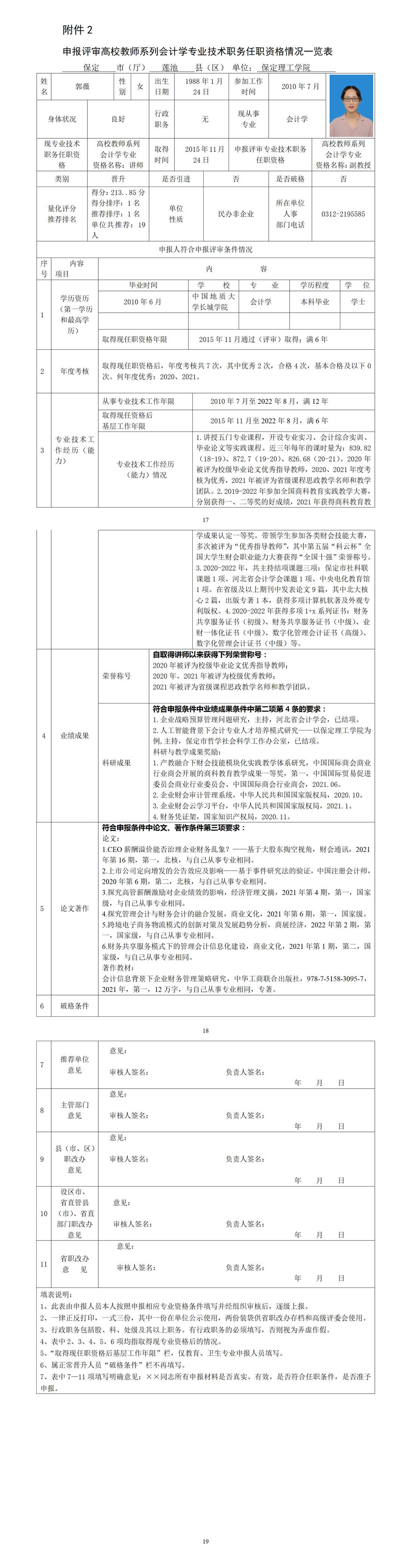 郭薇任职资格情况一览表