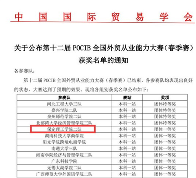 赓续奋斗 踔厉奋发 ——第十二届POCIB大赛best365体育官网登录入口2支参赛队双双获得团体一等奖